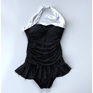 Lauren Ralph Lauren Women Swimsuit Sz 12 Black White Halter Skirted Ruched 1 Pc